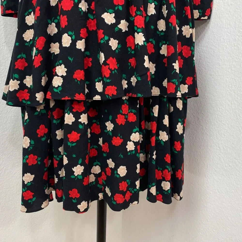 Vtg 80 Drop Waist Layered Skirt Floral Rayon Dress Small Long Sleeve Belt Modest